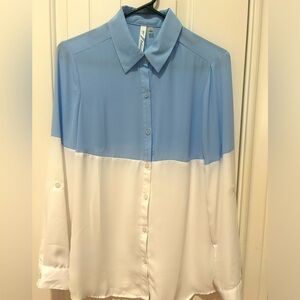Ladies blue & white blouse, size small.